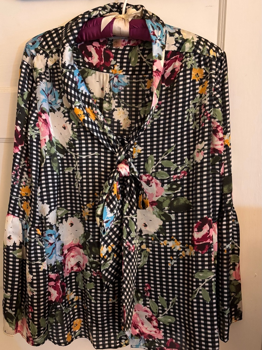 Tahari Black Gingham Floral Tie-Neck Blouse